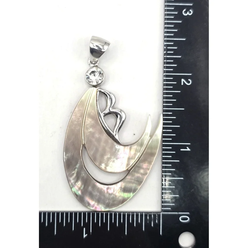 Mother of Pearl Wave Sterling Silver Letter‎ B CZ Pendent 2.5